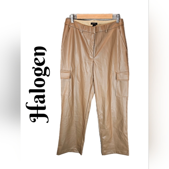 Halogen Wide Leg Cargo Pants Wide Leg Tan Faux Leather Sz M Utilitarian Charm - Picture 1 of 10